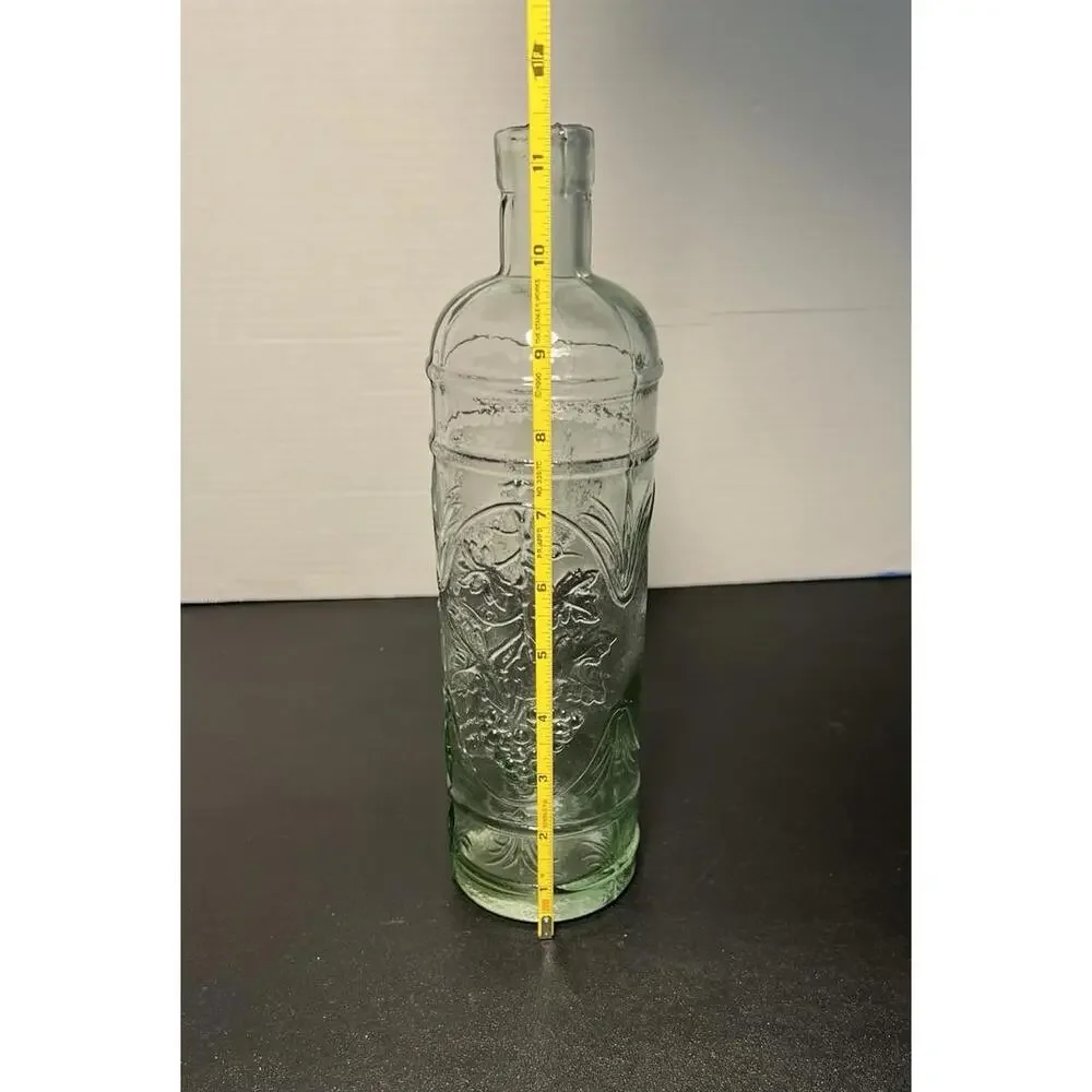 Williams Sonoma Spain 1990s Embossed Green Glass Bottle Grapevine Motif, 11.5”